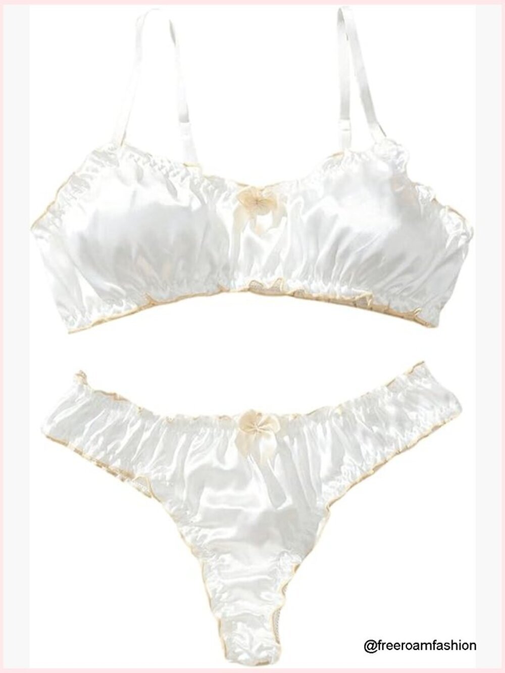 Satin Lingerie Set with Lettuce Trim Bow Bra and Thong